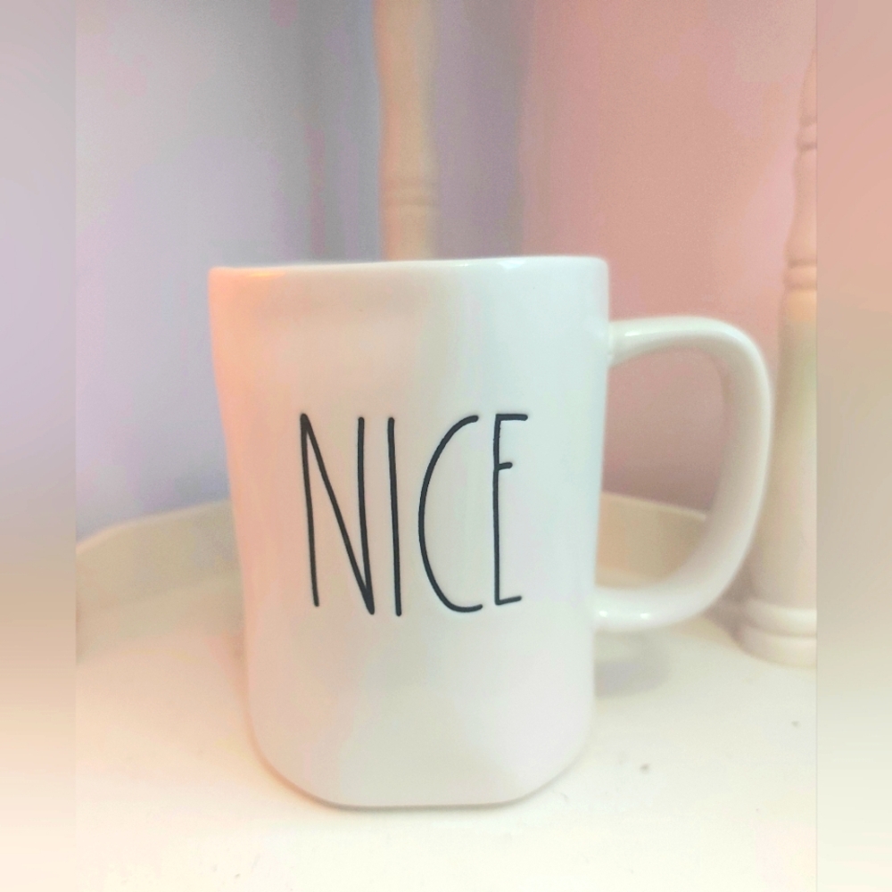 Rae Dunn Magenta NICE Mug Large Black Letter Coffee Christmas Holiday